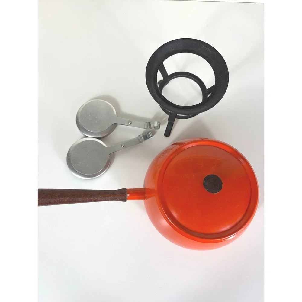 Vintage MCM Fondue Pot And Stand Orange Teakwood 60's Retro